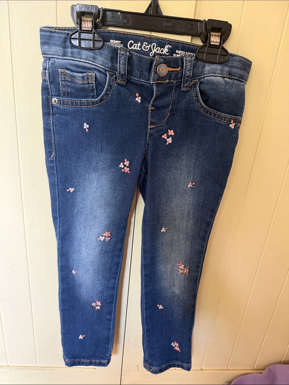 3/$6 Cat & Jack Dark Blue Skinny Jeans with Pink Floral Embroidery